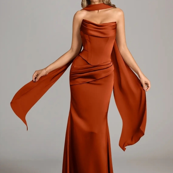 Burnt Orange Evening Gown Bridesmaid Dress Sorrel Stretch Satin Azazie W/ Shawl - Picture 1 of 5